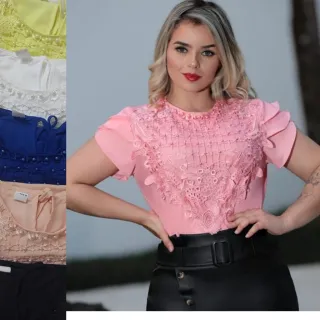 Blusinha Romântica em crepe de seda com renda gripir e pedraria - Modelo 2
