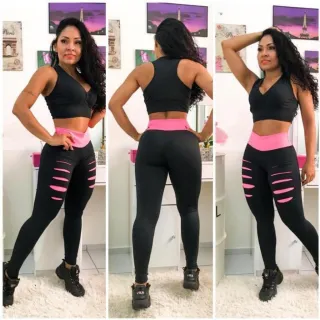 Top Fitness Cintura Alta Legging Calça Conjunto - Cinza Com Verde6