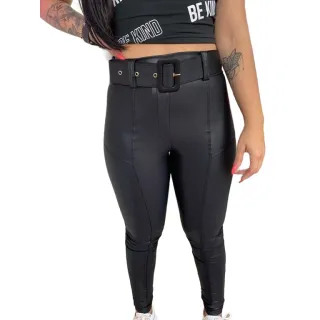 Cropped Feminino Moda Blogueira Calça Legging Tratorada Couro - Calça com cinto Preta