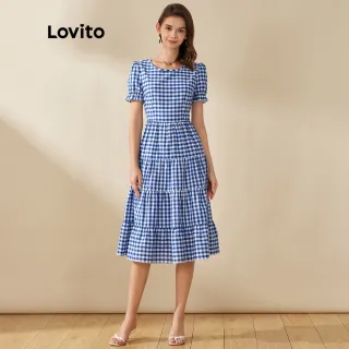 Vestido Plissado Xadrez Casual Midi Azul - Lovito - Azul