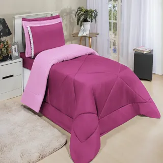 4 Peças Kit Edredom Solteiro Dupla Face Ternura - CINZA/ROSA