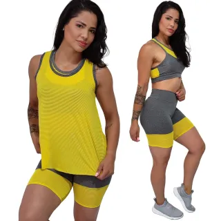 Roupa Academia Camiseta Regata Bermuda Fitness Top Bojo 3 Peças - Azul