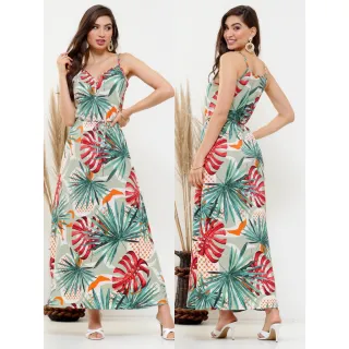 Moda verão: Vestido longo estampado com alça ajuste e cinto - Rosa