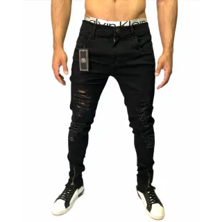 Promoção Calça Jeans Masculina Slim Rasgada Preta e Azul - Envio Imediato - JEANS ZIPER BARRA AZUL MÉDIO