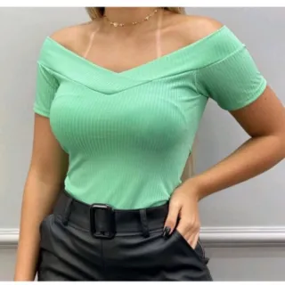 Malha Canelado Blusinha Feminina Ombro a Ombro Veste M G e GG - Amarelo