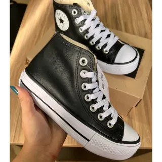 Bota feminina plataforma couro cano alto branco off white - Preto Couro Bota Plataforma