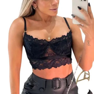 Moda Gringa Couro Rendado Cirre Cropped Renda - Cirre