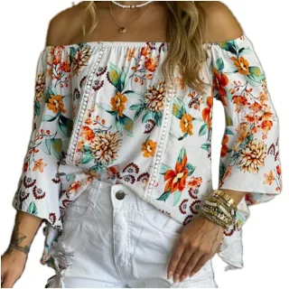 Manga Flare Blusa Ciganinha Feminina - Preto flor amarela