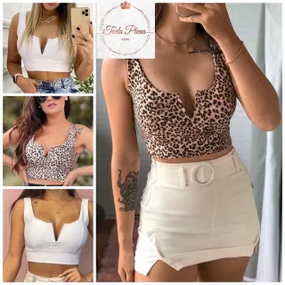 Moda Blogueira Verão Cropped Top Alça Feminina Decote Em V Aro Cod-CPAV com bojo - Preto