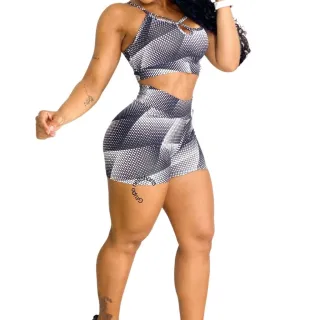 Top + Conjunto Short Treino Estampado Cintura Alta Academia - Estampado