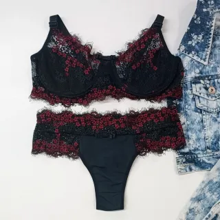 Conjunto Bicolor Plus Size 565 - Lingerie de Renda Tamanho Especial - Lilas/Verde