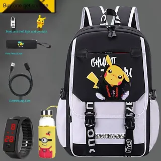 Mochilas de anime Pikachu para homens e mulheres escolares - Pequena escola branca