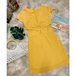 Vestido de Verão Curto 2021: Tecido Liso, Detalhe Frontal - Amarelo