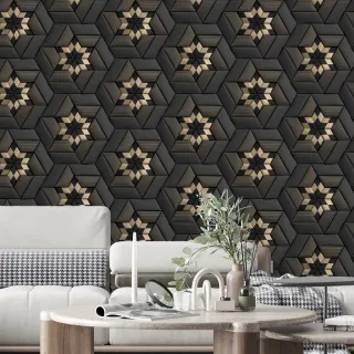 Papel de Parede Lavável Autocolante Geométrico Flor 3D Dourado e Cinza Escuro - Sala Quarto - Único