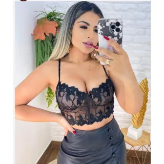 Festa Renda Bojo Alça Cropped Feminino - Preto