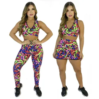 Peças Originais Academia: Conjunto Feminino com 3 Calças Legging, 3 Tops e 3 Shorts Saia - OLHO