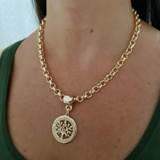 Folheados Banhado Colar Elo Português Feminino - Pingente Árvore da Vida Moedas Antigas - 50cm