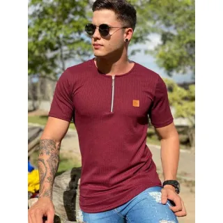 Camiseta masculina oversized, gola Henley em malha canelada - Amarelo