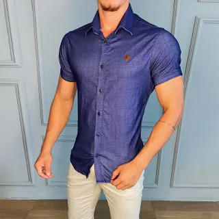 Camisa Jeans Masculina Manga Curta + Camisa Social Slim Manga Curta - Jeans Claro+Viscolinho Preta