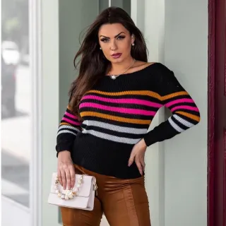 Moda Blogueira: Blusa Feminina Tricot Ciganinha 4 Cores - Chumbo c/ Listras Variadas