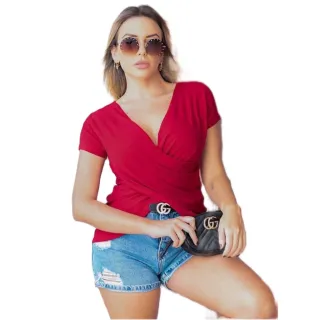Moda Feminina Blusa Cruzada Decotada Manga Curta Transpassada - Fúcsia