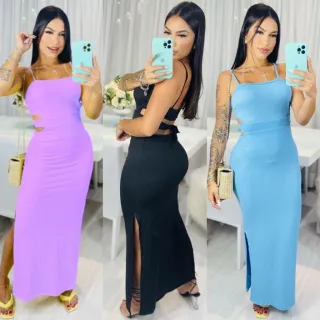 Vestido feminino canelado top longo de alcinha com fendas laterais - Moda Raryel - Rose
