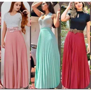 Saia Longa Evangelica Plissada Cintura Alta Gode Rodada Forro Luxo