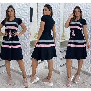 Moda evangélica: Vestido Comfy Náutico em viscolycra com cordão de ajuste na cintura - Vermelho