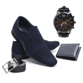 Relógio + Cinto + Carteira + Kit Sapato Social Masculino em Camurça - Azul Marinho