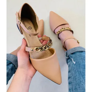 Promoção: Sapatilha Feminina Confortável Preta com Detalhe em Corrente - Moda Casual - Corrente nude