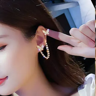 Piercing Fake Borboleta Brincos de Pressão Feminino Corrente de Pérolas - Prata