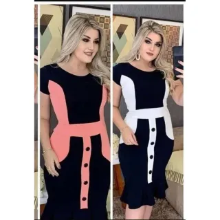 Moda Gospel Evangélica Vestido Babado Mais Vendido - PRETO COM BRANCO