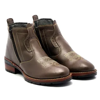 Bota Texana Masculina Couro Legítimo Zíper Cano Curto Sola Costurada - CAFE
