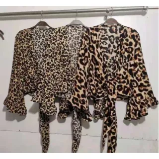 Blusa Frente / Costa Amarrar Cropped Onça Manga Longa Flare Babado - onca amarelo