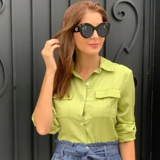 Camisa Social Manga Longa com Gola Botões Frente - Verde Limão