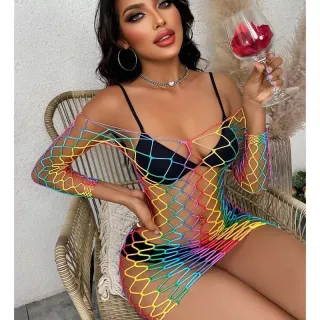 Saída de Praia Sexy Listrado Arco Íris Multicolorido Vestido Curto - Modelo 1