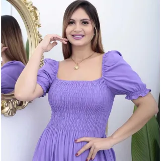 Vestido feminino longo manga curta com elástico - Azul Royal