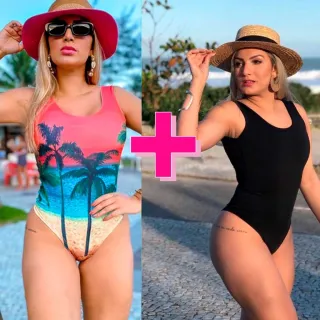Moda Praia Feminino Kit 2 Maiôs Body Cavado Regata Costa Estampado Liso