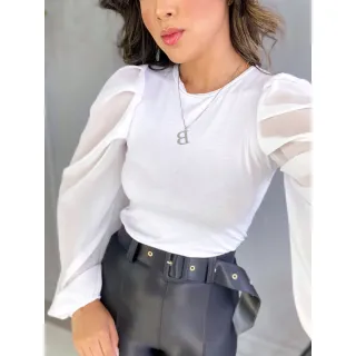 Princesa Blusa Manga Longa Transparente Feminina Bufante - Branco