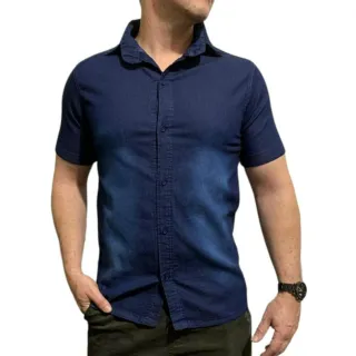 Botões Camisa Manga Curta Social Jeans Masculina - JEANS AZUL CLARO