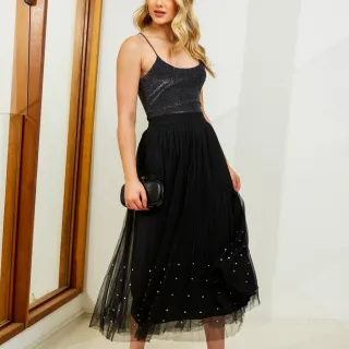 Moda Verão Saia Feminina Forrada de Tule Midi com Brilho - 3RD SD044
