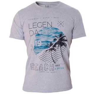 Camiseta Premium Estampada Coqueiros e Mar - Gola Redonda - Cinza Claro