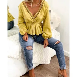 Roupas Femininas Manga Longa Rendada Blusa Bata Decote - Branco