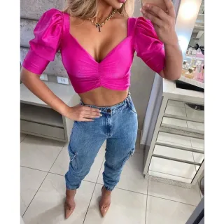 Suplex Premium Cropped Alfaiataria Laço Manga Bufante - Preto