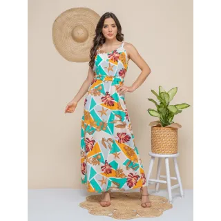 Lançamento primavera verão 2020-27: Vestido longo feminino estampado com bojo - 2020-09 Azul