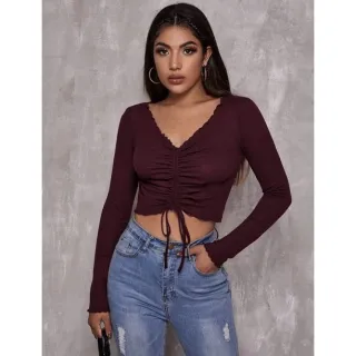 Manga Longa Gringa Cropped Drapeado Feminino - Rose  Bebe