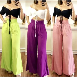 Moda Tendência: Calça Pantalona com Fenda Lateral, Forrada e Cordão na Cintura - Raryel - Militar