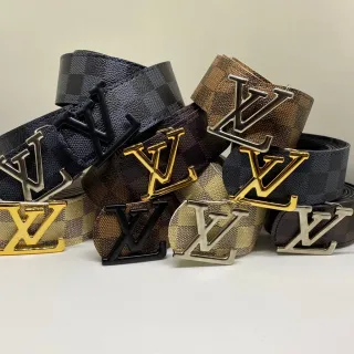 Couro Xadrez Dupla Face Cinto Masculino - Ouro Escovado - Marrom