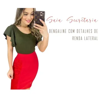 Renda Secretária Midi Saia Bengaline - ESTILO Feminino - Verde Militar