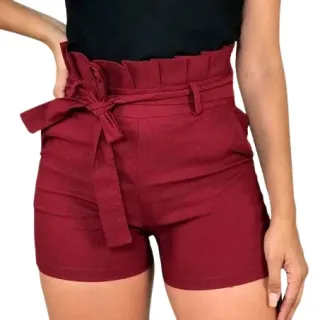 Promoção Short Feminino Laço Cintura Alta Curto Bengaline - Vinho